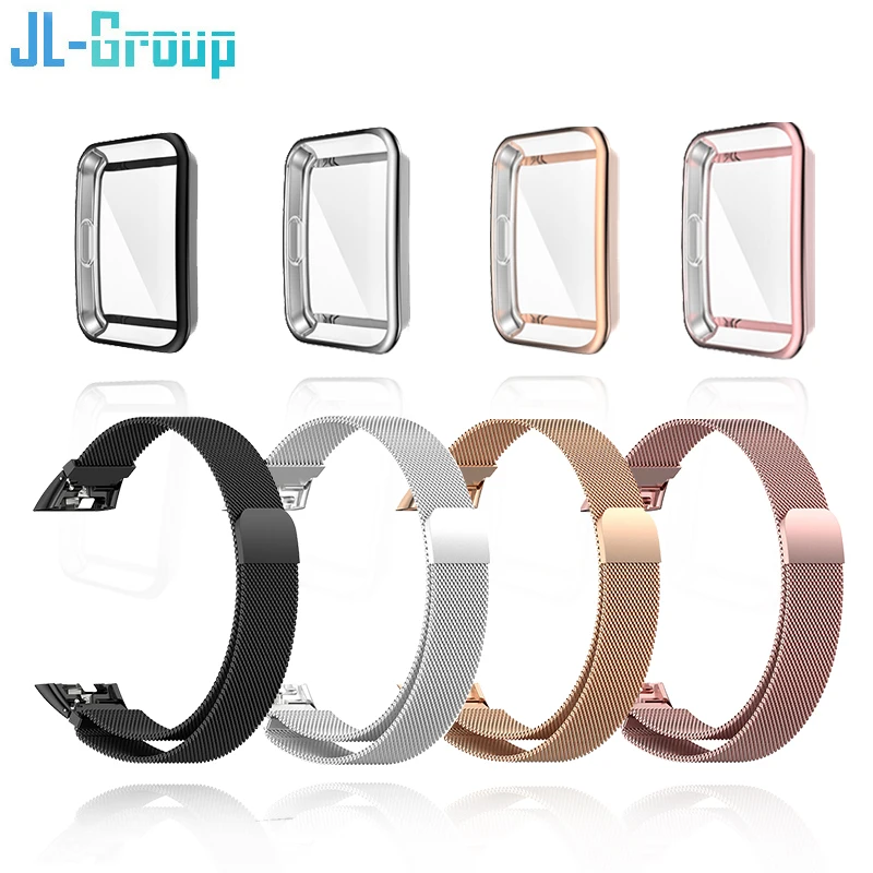 Metalen Band Voor Huawei Band 6 Met Tpu Case Screen Protector Zachte Film Eer 6 Armband Milanese Magnetische Lus Horlogeband