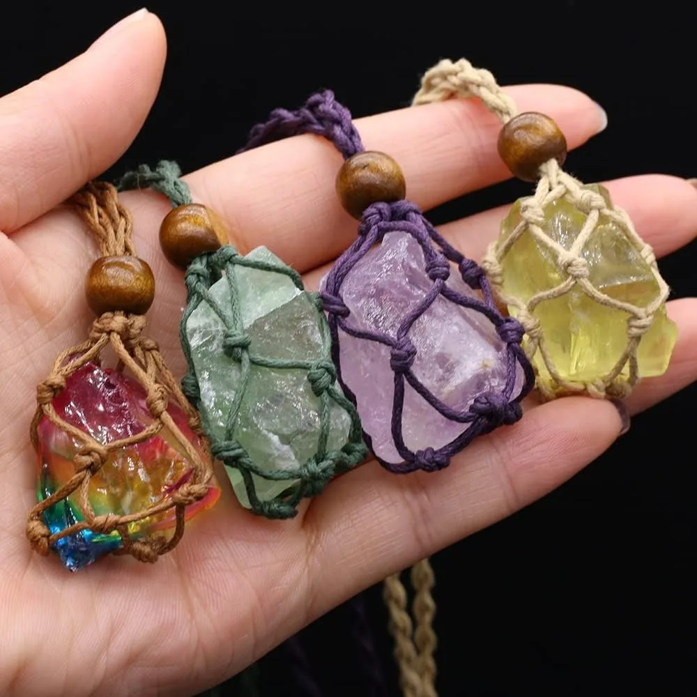 Handwoven Macrame Pouch Natural Raw Crystal Pendant Necklace Adjustable Cord Bohemian Healing Jewelry For Women Men Daily Wear