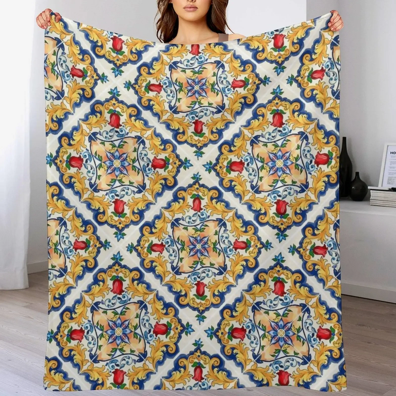 

Sicilian Majolica Colourful Floral Flourishes Tile Pattern Throw Blanket Long Lasting Soft Plush Blanket for Daily Use