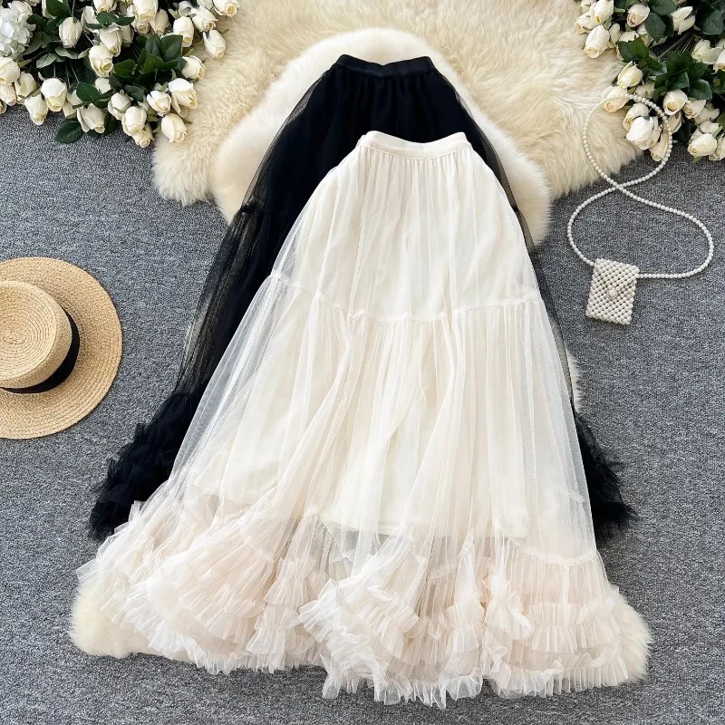 Fairy Mesh Skirt Winter Gentle Wind Niche High Waist Thin Word Fungus Edge Puffy Gauze Skirt High Appearance Level  High Quality