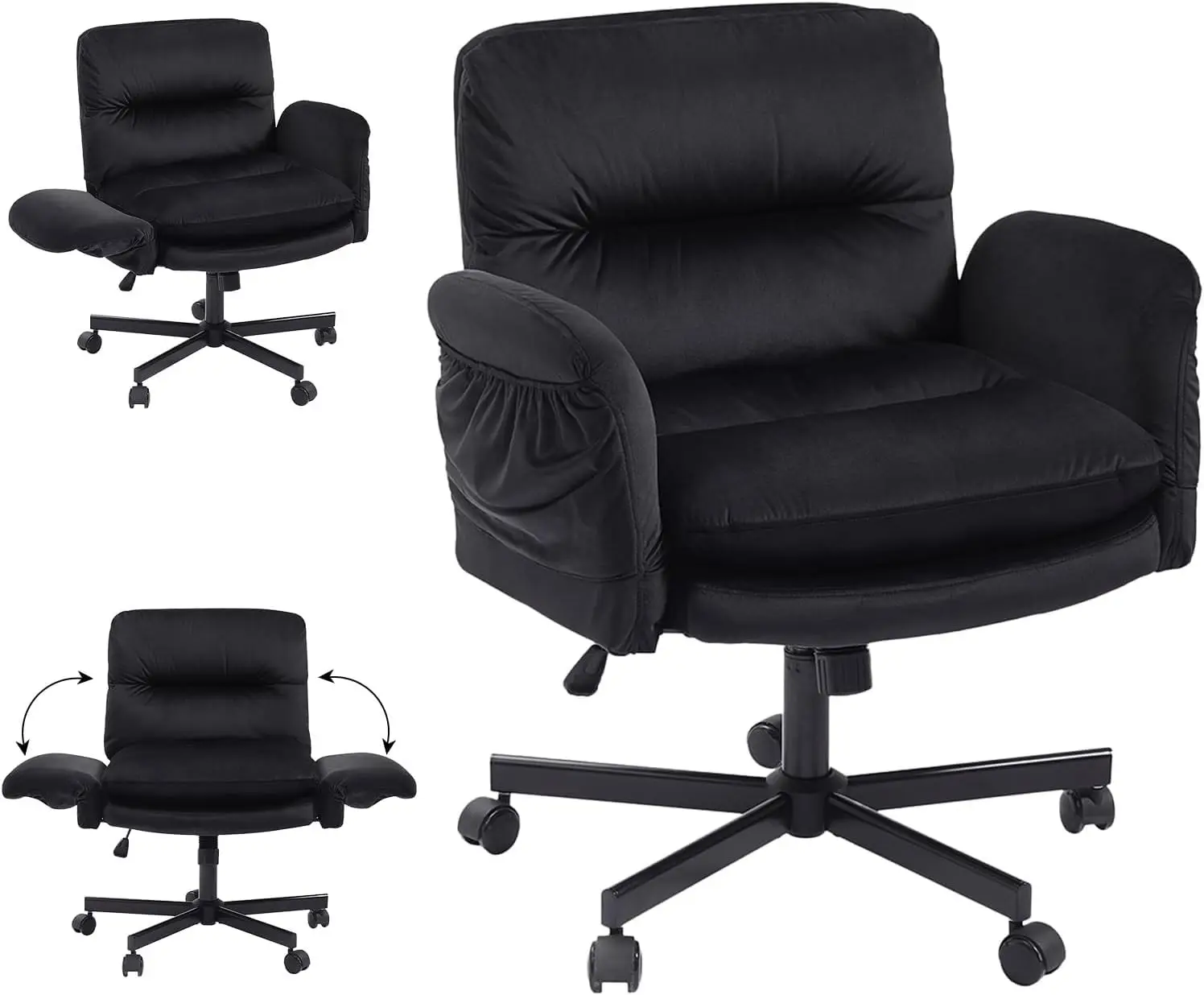 Black Velvet Office Chair Criss Cross Legged Flip-Up Arms Ergonomic Home Desk, Customized