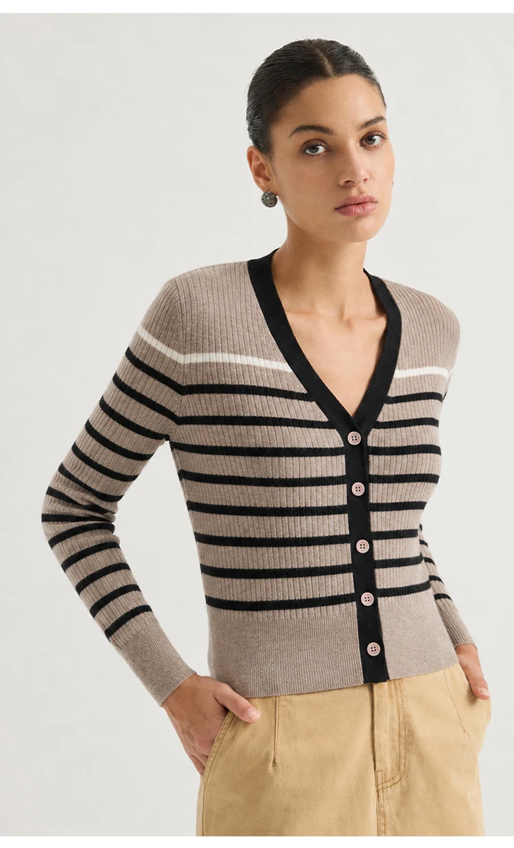 MZ62028 Damen Vintage Gestreifter V-Ausschnitt Gerippter Strick Langarm-Cardigan mit Kontrastbesatz Knopfleiste Modal-Mischung Frühherbst-Pullover – Detail 10