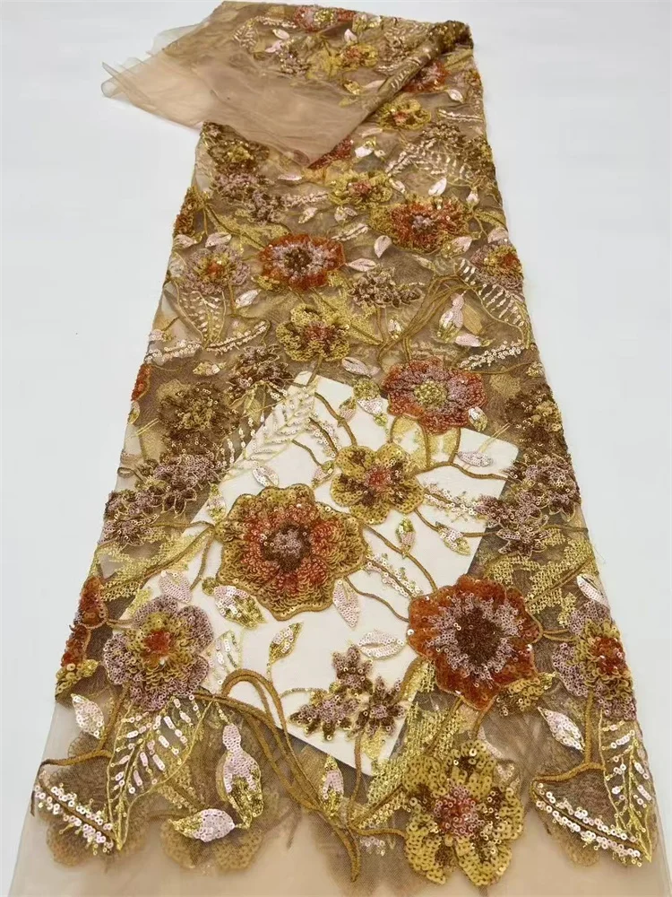 Luxury Sequins French Handmade Embroidery Lace fabric Shining Colorful Embroidery Lace Fabric High Quality Wedding Dresses