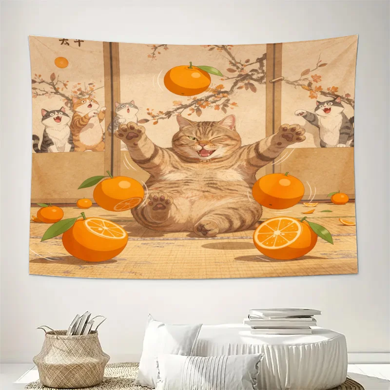 Whimsical Cat and Orange Autumn Harvest Decor Tapestry Wall Hanging Funny Citrus Illustration Pop Art Cozy Living Room Bedroom H