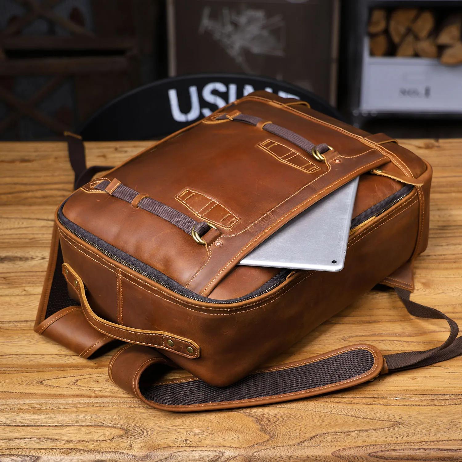 S.WORKER Vintage Echtleder-Rucksack 16" Laptop-Tasche Lässige Crazy-Horse-Leder-Schultasche Outdoor-Reise-Weekender-Tasche – Detail 10