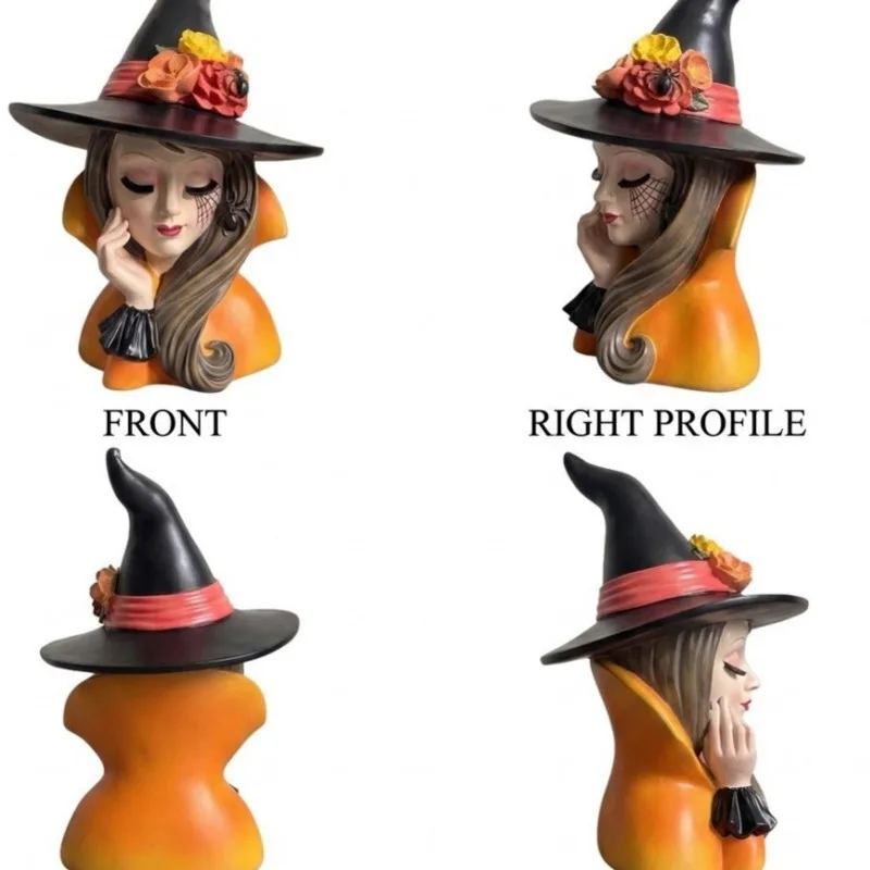 Resin Witch Head Bust Statue, Halloween Decoration Orange Long Hair, Wizard Hat Sculpture Gothic Home, Tabletop Ornament Gift