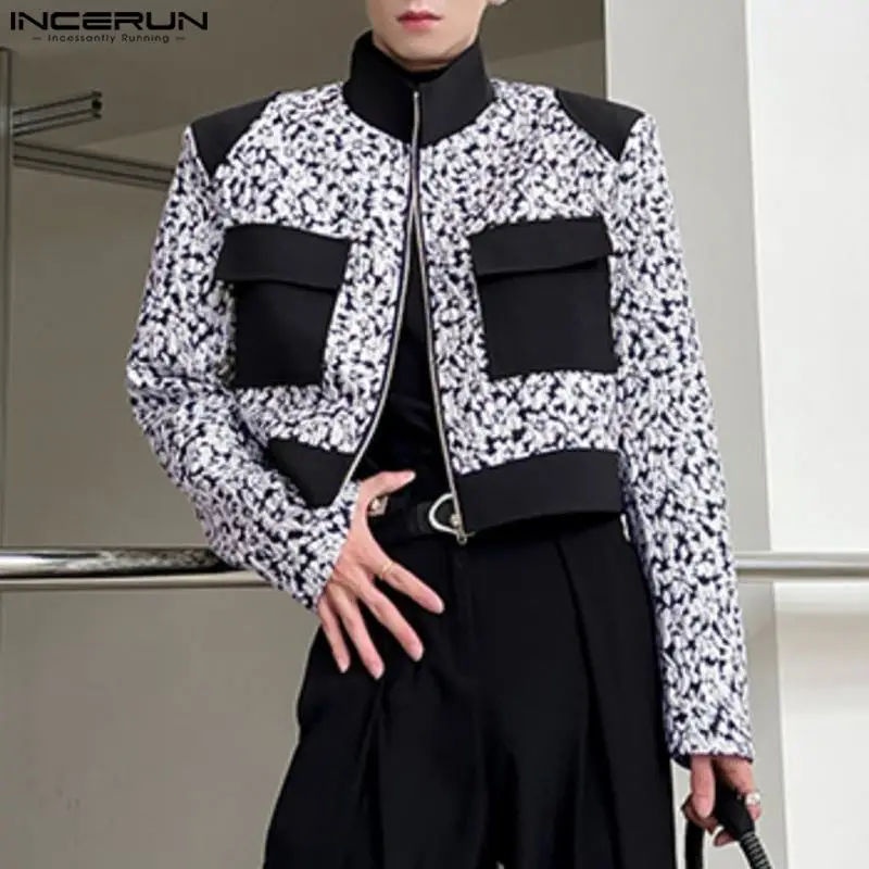 INCERUN Men Jackets Print Patchwork Stand Collar Long Sleeve Casual Crop Coats Men Streetwear Zipper 2024 Autumn Fashion Jackets