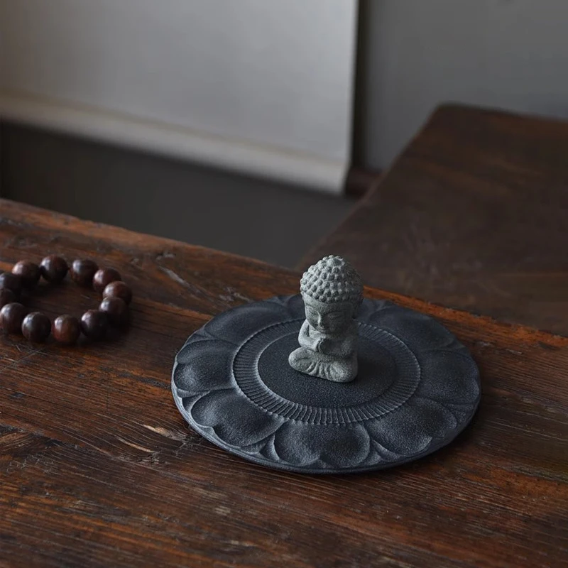 Black Basalt Coasters Premium Hand Carved Lotus Pattern Heat Resistant Oriental Zen Home Office Tea Ceremony Luxury Gift 20cm