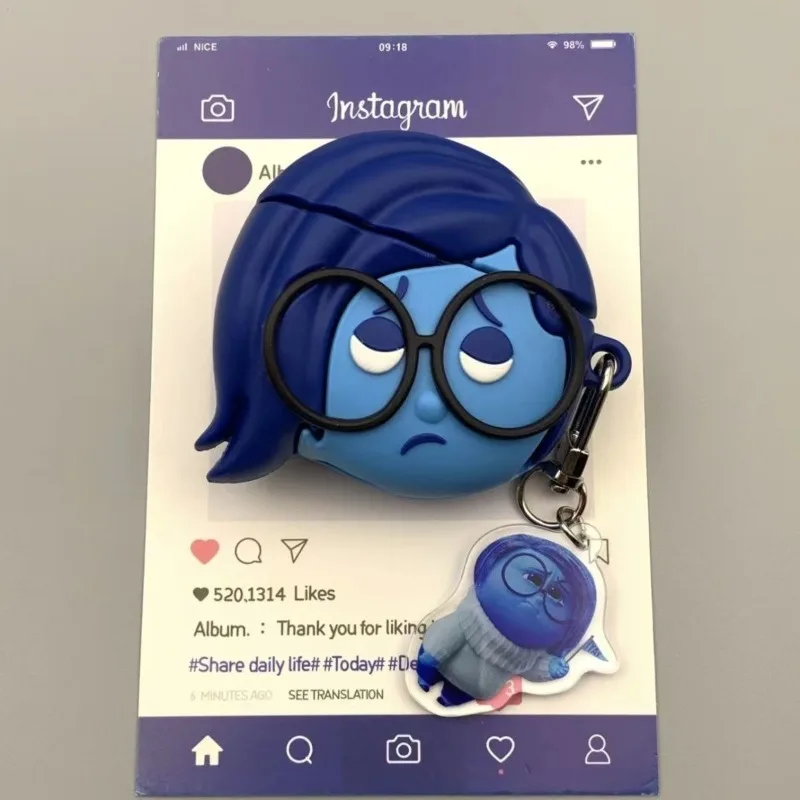Inside Out 2 الحزن حقيبة سماعة الاذن لابل AirPods 4 3 2 1 Pro حافظة الغضب أنيمي لينة سيليكون غطاء للحماية مع هوك هدية