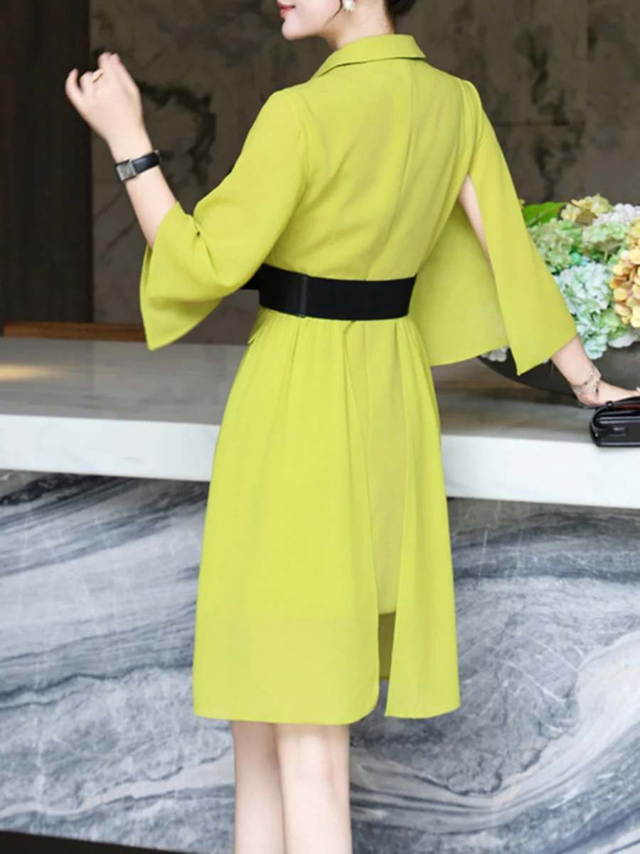 TWOTWINSTYLE Solid Sheer Spliced Belt Temperament Dresses for Women Lapel Half Sleeves Patchwork Double Breasted Dress Female