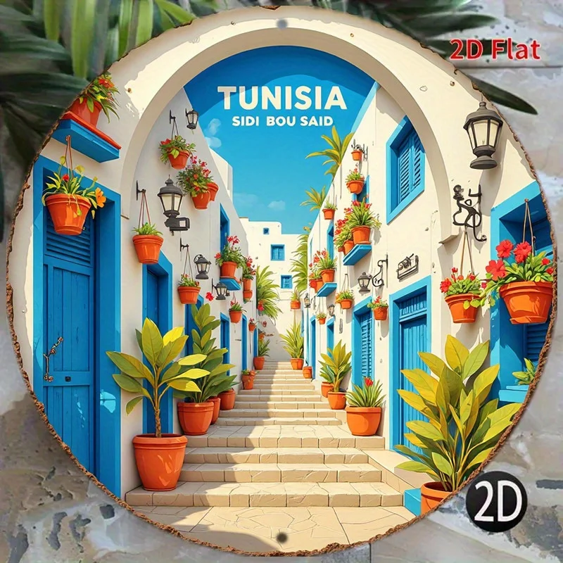 2D Flat, 2D Flat - 1pc of 8-inch Round Aluminum Sign, Depicting a Vibrant Street Scene from Sidi Bou Said, Tunisia, Adorned with