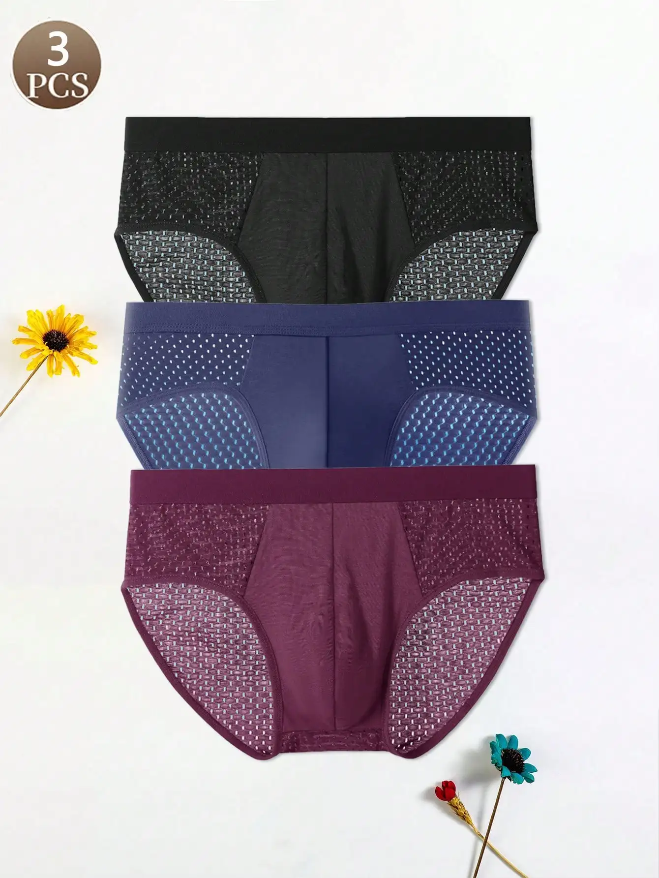 3 قطع من ملابس داخلية رجالية فضفاضة وبسيطة ومريحة متوسطة الخصر قابلة للتنفس