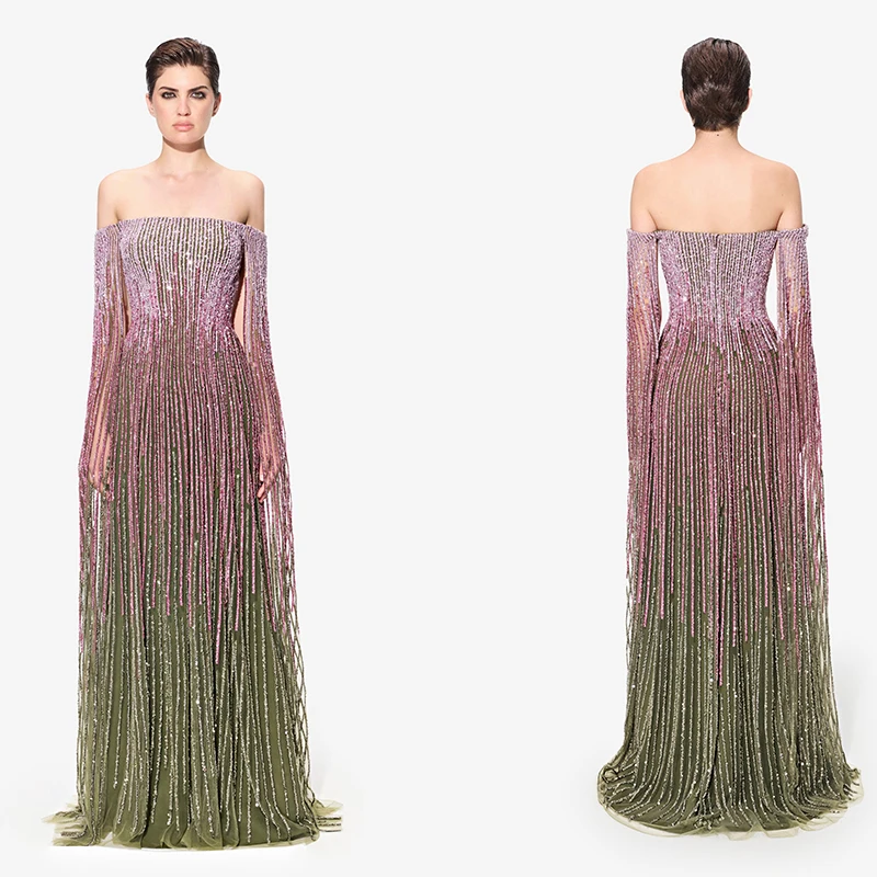 

L501 Customized Off the Shoulder Long Sleeves Pink beaded فساتين السهرة vestidos de fiesta فساتين سهره evening dresses