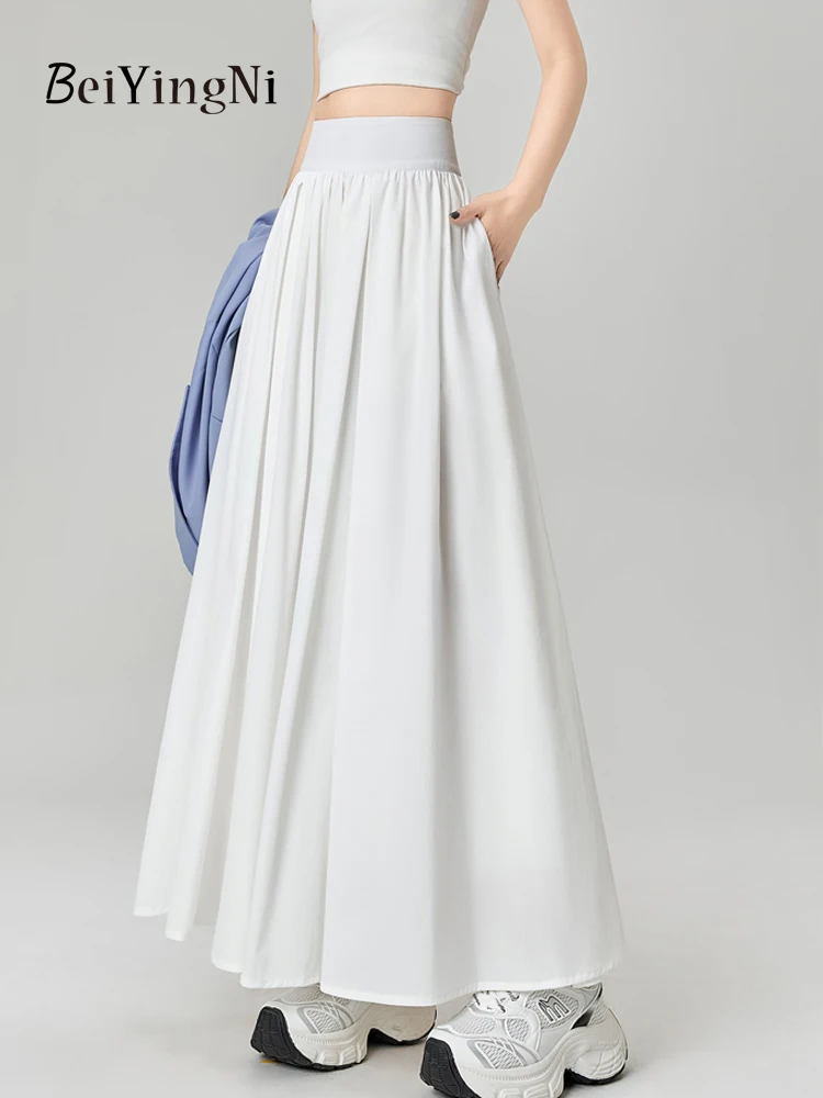 

Beiyingni элегантные длинные плиссированные макси-юбки с высокой талией, женские повседневные новые стильные тонкие женские белые юбки трапециевидной формы, летняя простая Falda