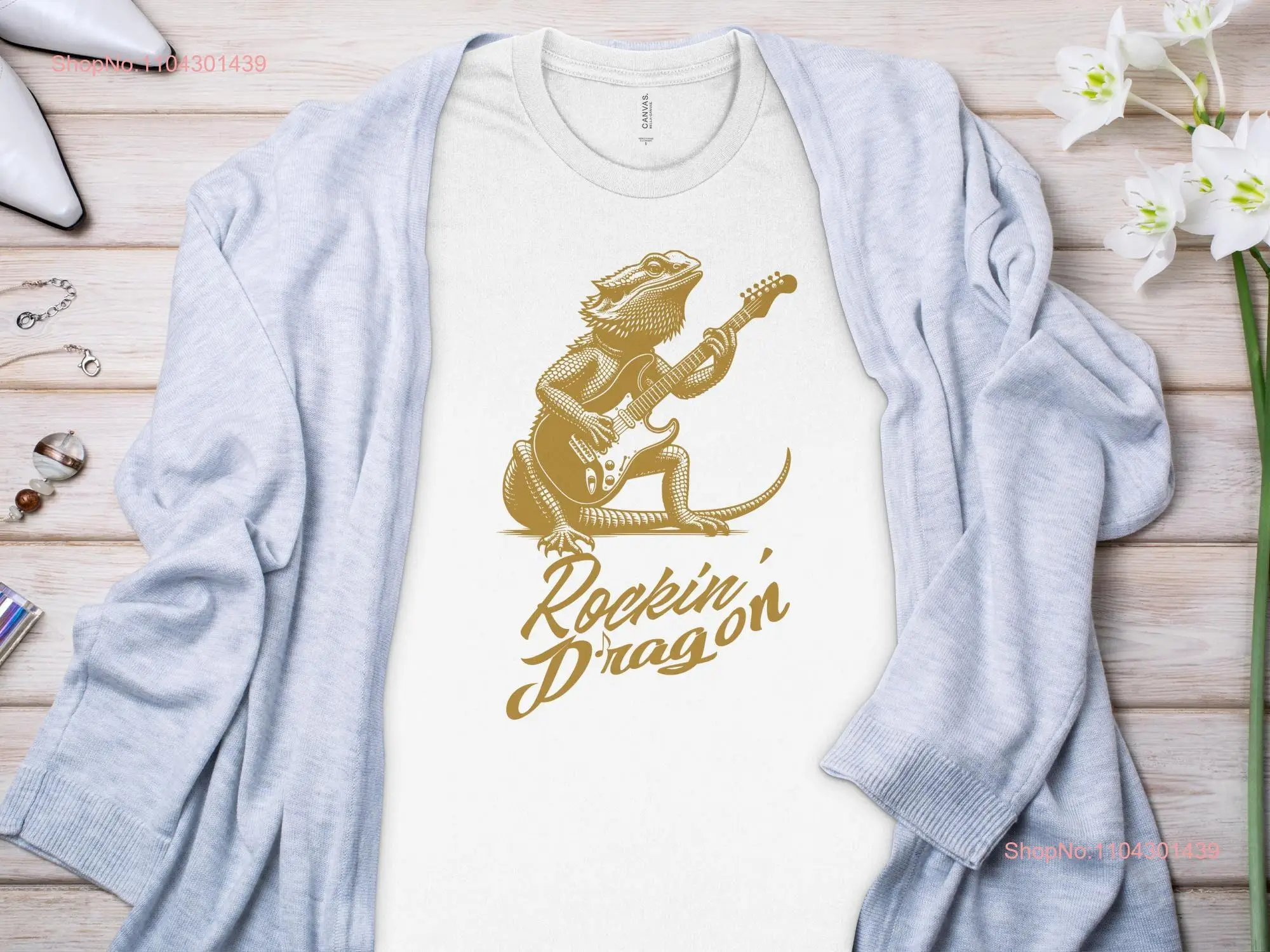 Rockin Bearded Dragon T Shirt Cool Guitar Design Unique Lizard Music Fun Reptile Rock for Lovers long or short sleeves