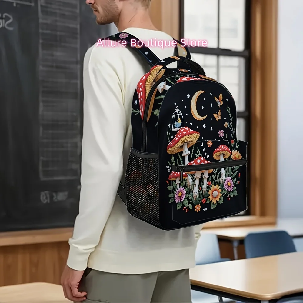 1pc Whimsical Mushroom & Floral Backpack - Lightweight, Stylish Black and Brown Design with Starry Night & Crescent Moon Motifs,