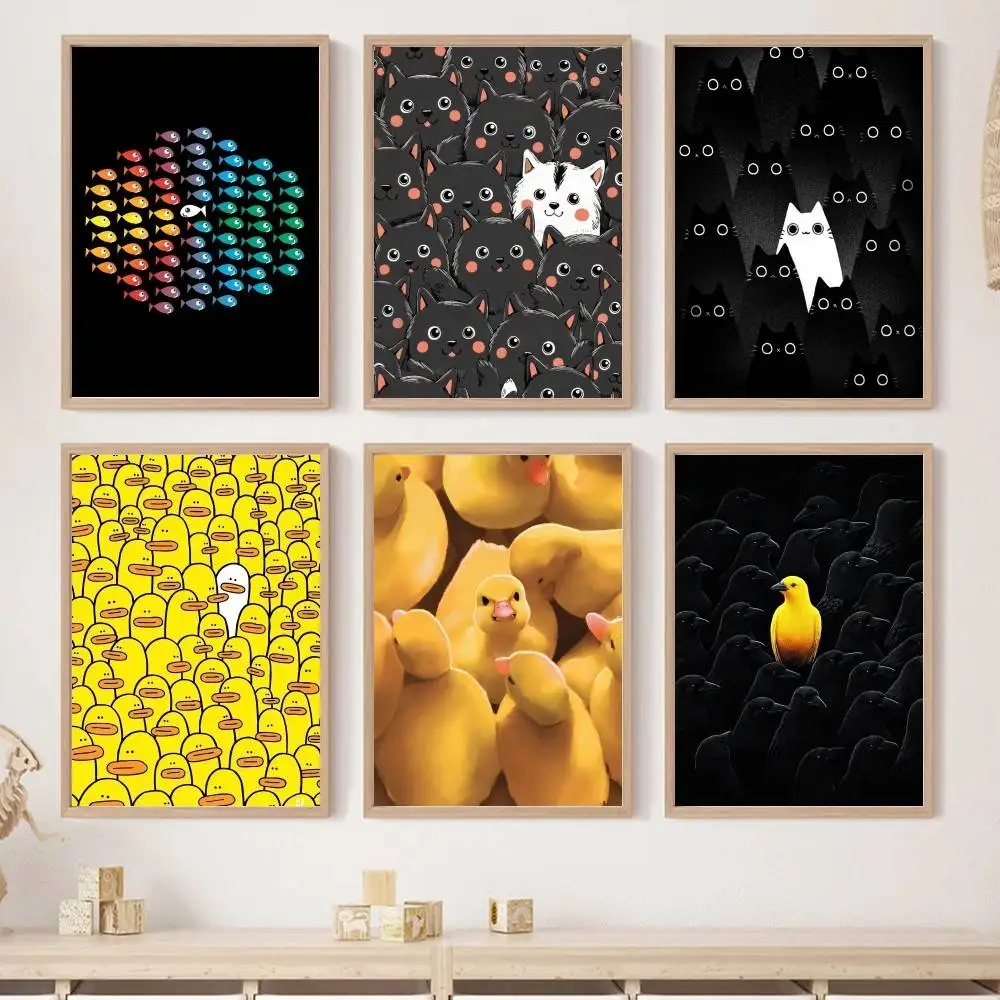 Cute Contrast Animal Wall Art White Cat Yellow Duck Fish Bird in Black Group Print Poster Kids Bedroom Nursery Room Decor Gift