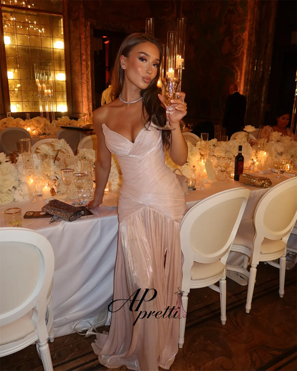 AP pretti Light Pink V-Neck Draped Shining Evening Gown Dress Side High Slit Wedding Party Dress Customized Reception Dress ﻿