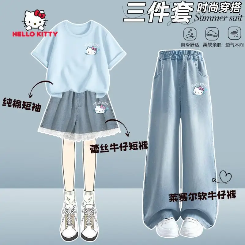 

Sanrio для девочек с короткими рукавами, 3 шт., новая стильная футболка «Hello Kittys Girls», детская летняя модная милая короткая юбка с героями мультфильмов, джинсовый костюм