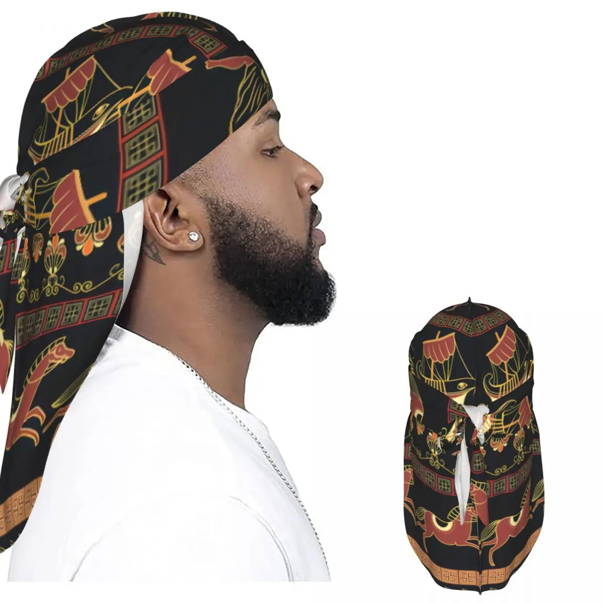 Men Satin Long Tail Durag Breathable Ancient Greek Ships People Horses Traditional Ethnic Headscarf Hip Hop Hair Accessories