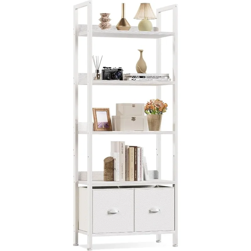 

5 Tier Bookshelf with Drawers, White Tall Bookcase with Shelves, Wood and Metal Bookshelves Storage Organizer
