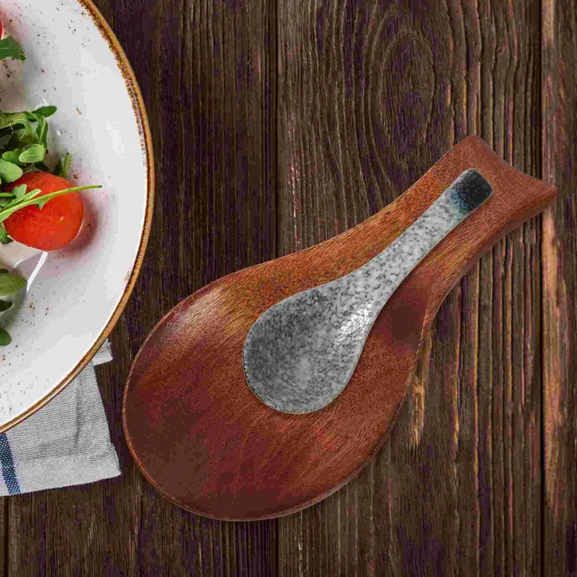 Soporte Doble Para Cucharas De Madera De Acacia – Apoya Utensilios Cocina – Antideslizante Con Pies De Silicona – 9.8 X 5.9 Pulgadas