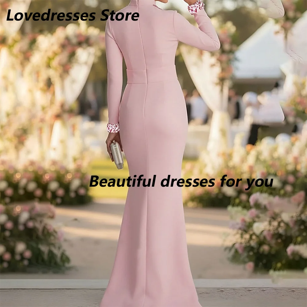 Customized Pink Mother of The Bride Dress Jersey Mermaid Long Wedding Guest Dresses High Neck Long Sleeves Sequined Evening Gown