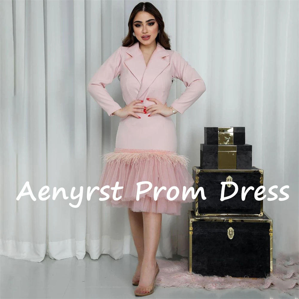 Aenyrst Pink Modern Long Sleeves Saudi Arabia Evening Dresses Mermaid V Neck Satin Prom Dress Tea Length Women Celebrate Gowns