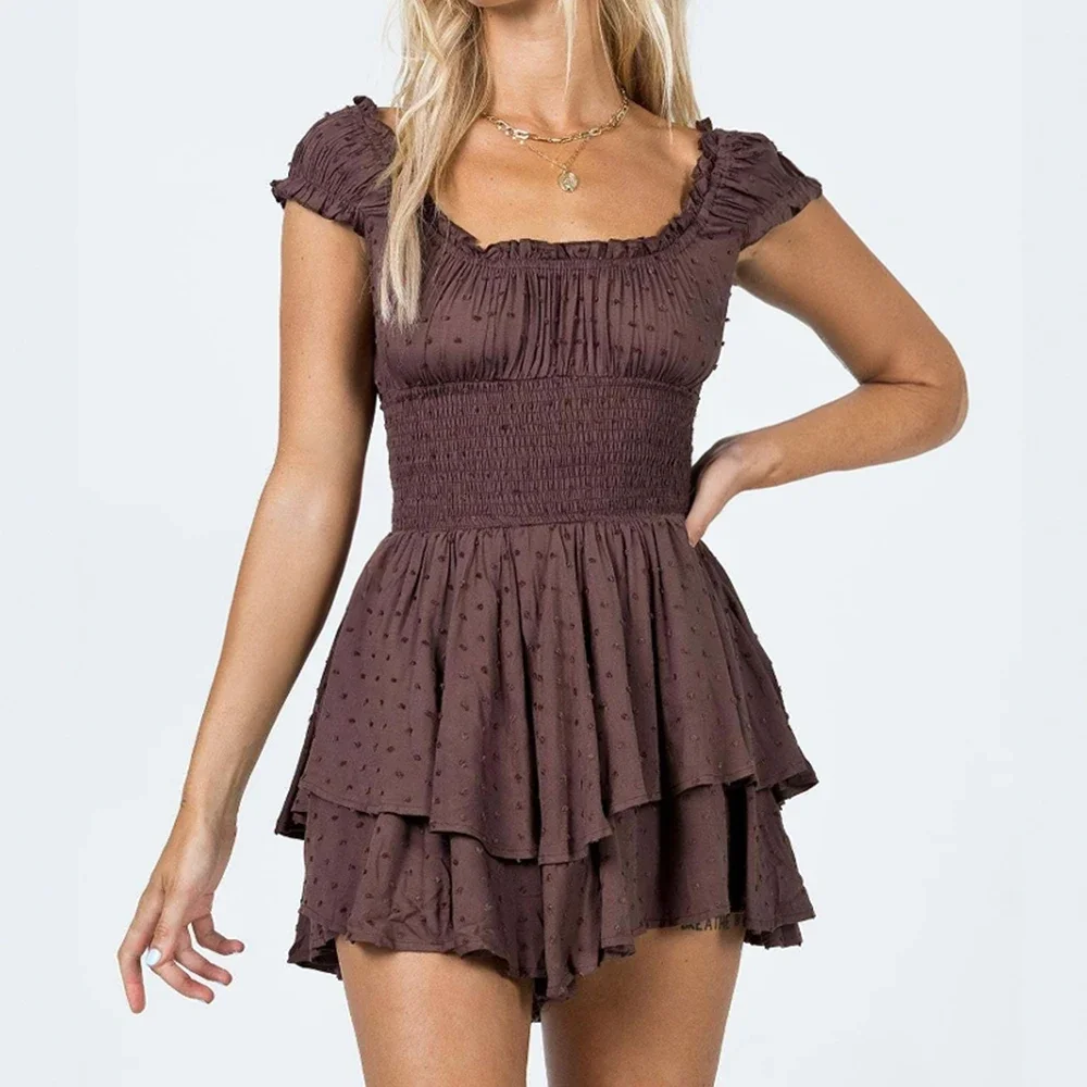 Vestidos primavera verão casual confortável em camadas boné manga pescoço quadrado mini mudança vestidos diários para mulher