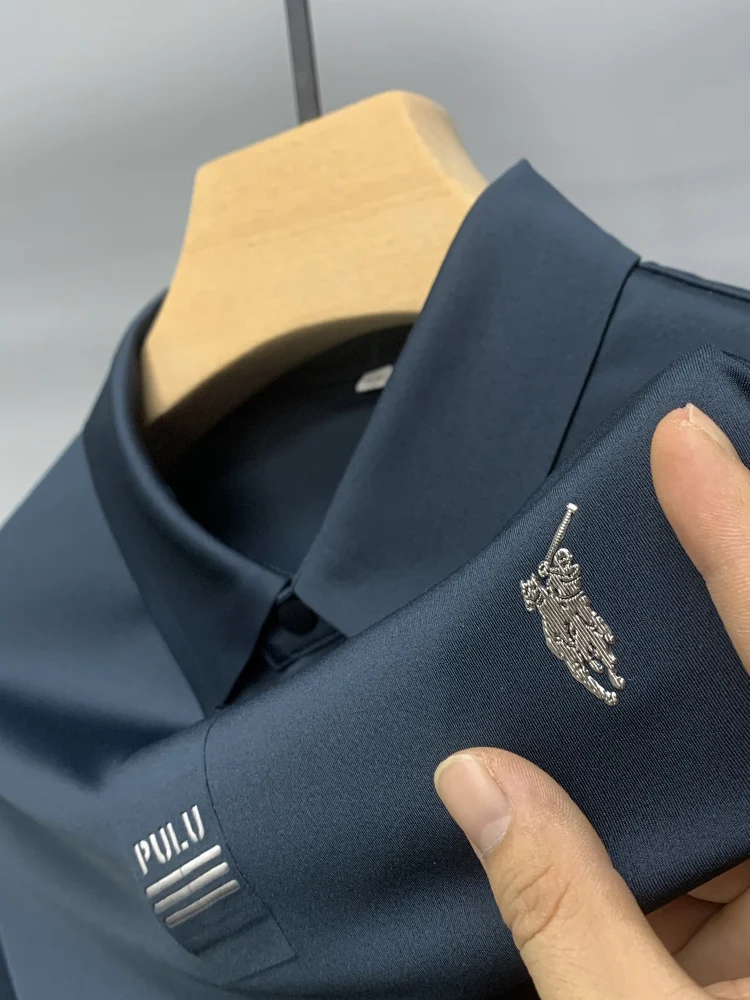 

Мужская футболка-поло из высококачественного ледяного шелка с коротким рукавом, летняя, модная, в городском стиле, тонкая модель