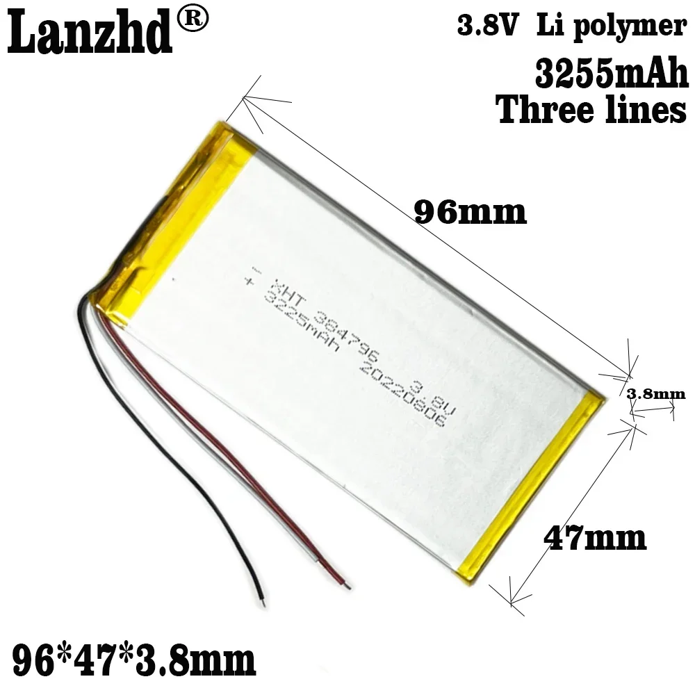 

1-12pcs 3.8V Li polymer 3225mAh 384796 Lithium Polymer Three wire Battery For CVK600 host battery GPS MP3 MP4 Driving Recorder