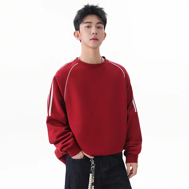 

Solid Color Long-sleeved Men's Round Neck Loose Striped Spliced sweatshirt Top