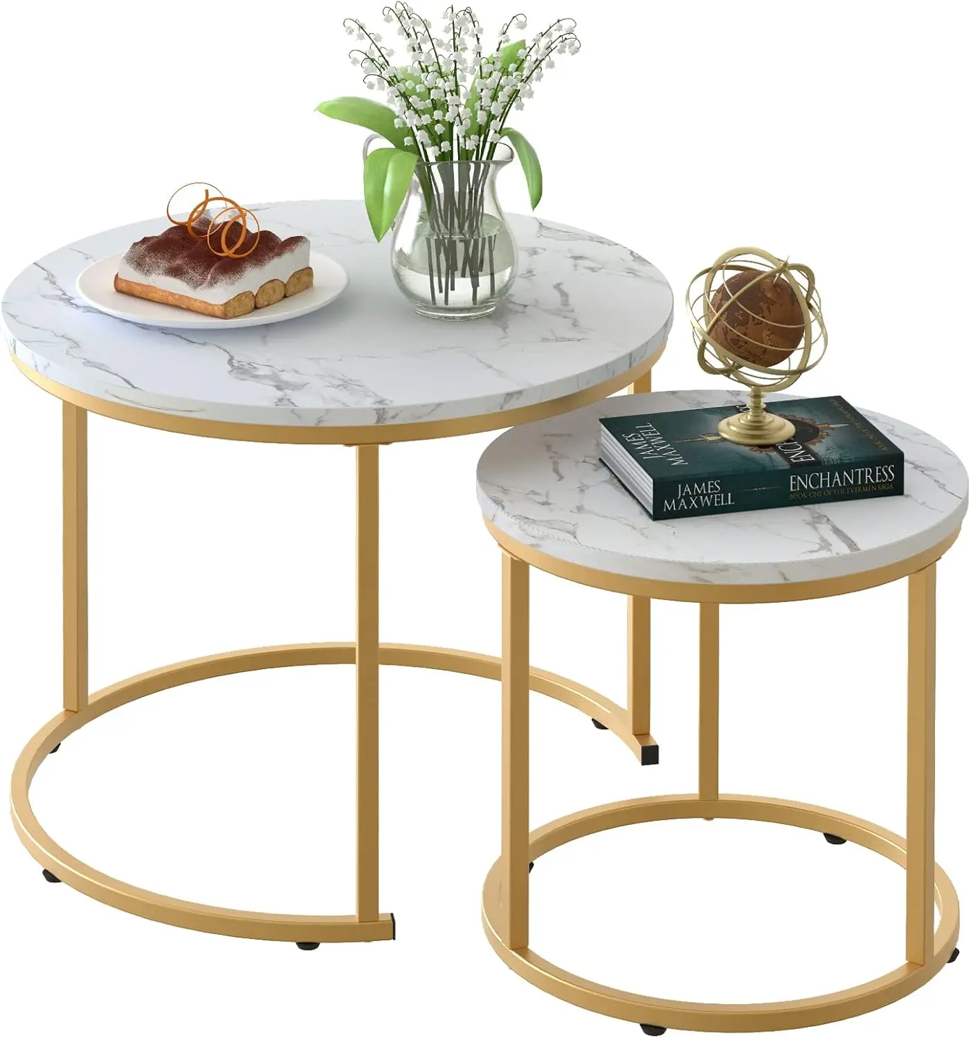 

Coffee Table Nesting White Set of 2 Side Set Golden Frame Circular Round and Marble Pattern Wooden Tables, Living Room Bedroom