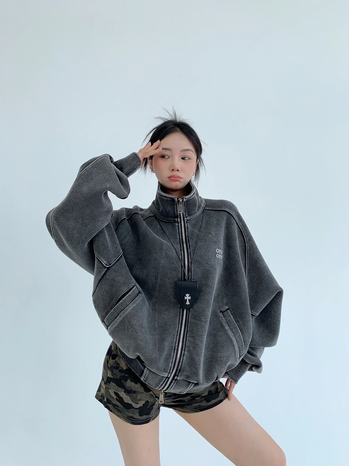 

American Sle Relaxed Fit ort Jaet Women's Casual Spor Heavy Distred Stand Collar Coat Oisis Brand Cotton Material