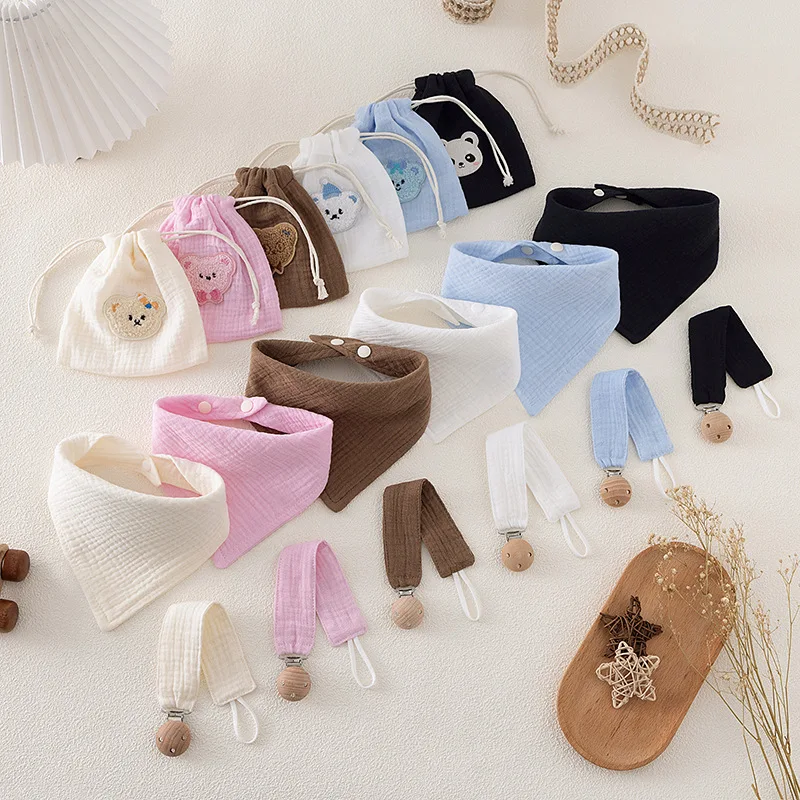 

3pcs Baby Bibs and Pacifier Clips Set Cute Baby Bag Organizer Cotton Triangle Bib Saliva Towel Soft Burp Cloths Baby Feeding