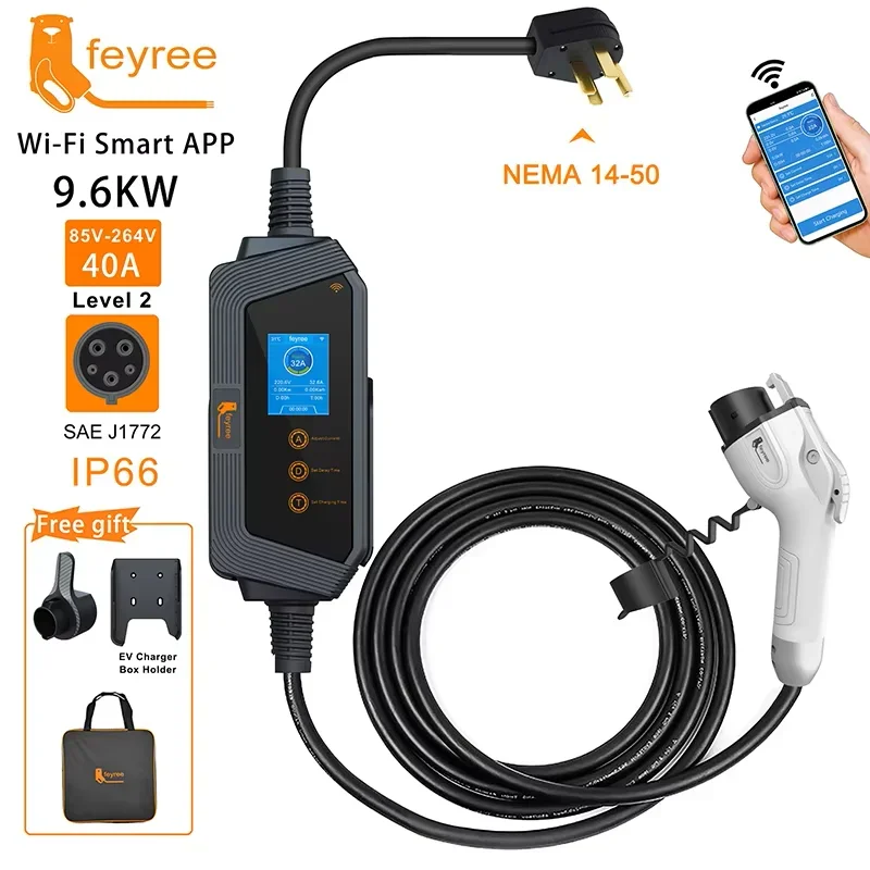 feyree Type1 50A 40A 32A 1Phase Portable EV Charger J1772 Socket Fast Charging Smart APP WIFI Control Version for Electric Car