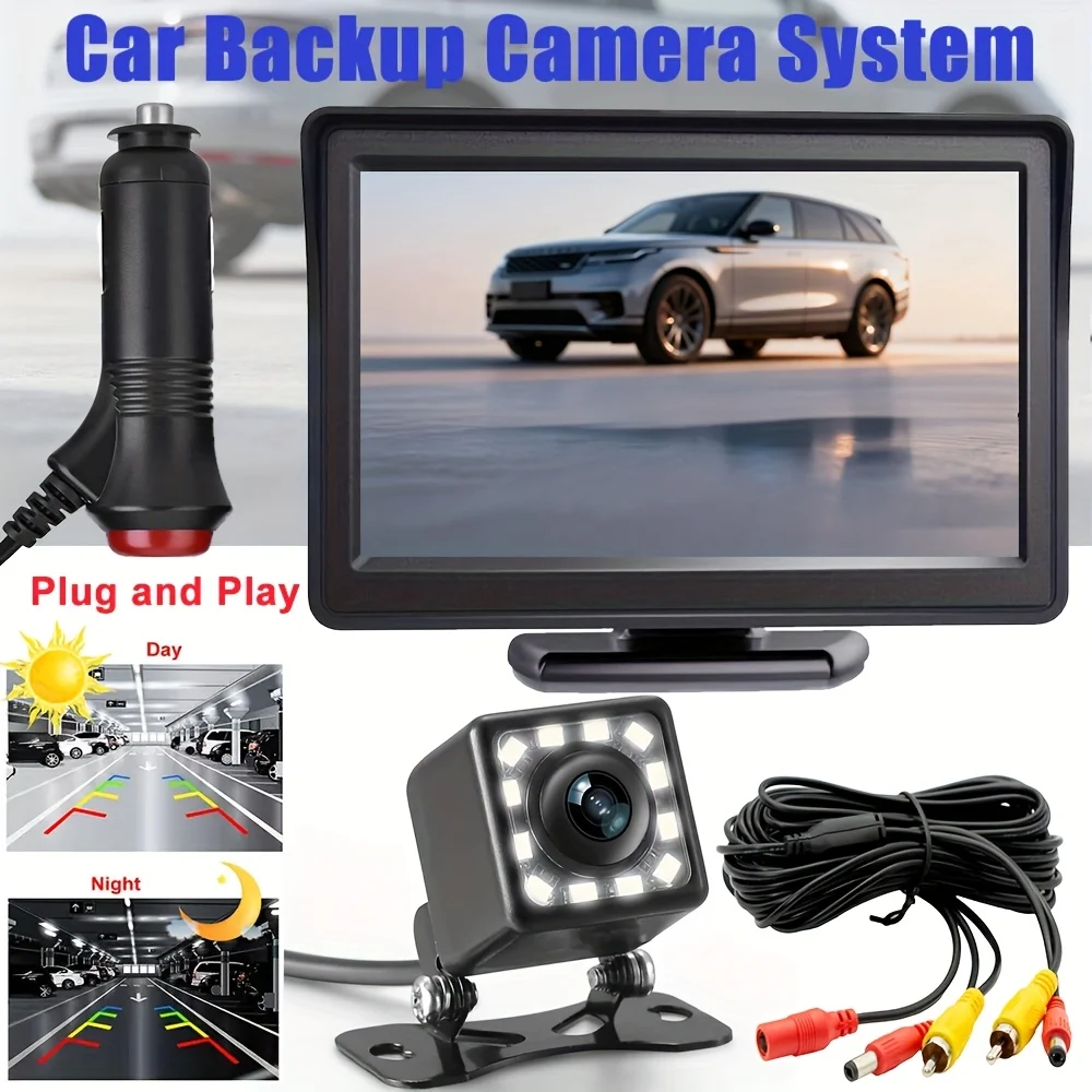 Plug-And-Play Kit, Includes a 4.3-Inch LCD High-Definition Monitor, a High-Definition Car Reversing Camera with 12 LED Lights
