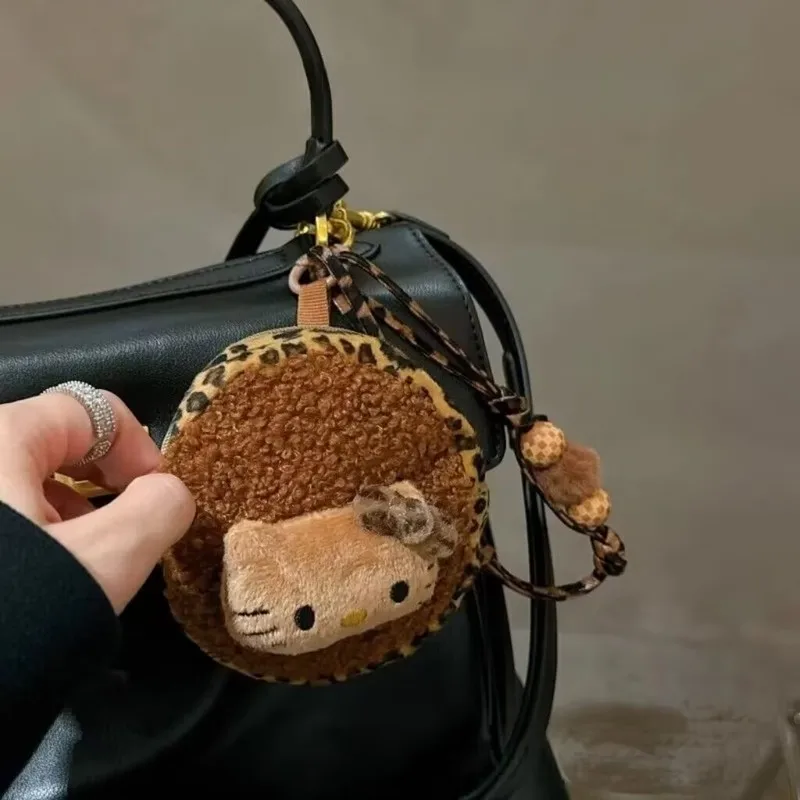 Kawaii Hello Kitty plush doll leopard print coin purse keyhole PP cotton filled cartoon cat mini earphone storage bag gift
