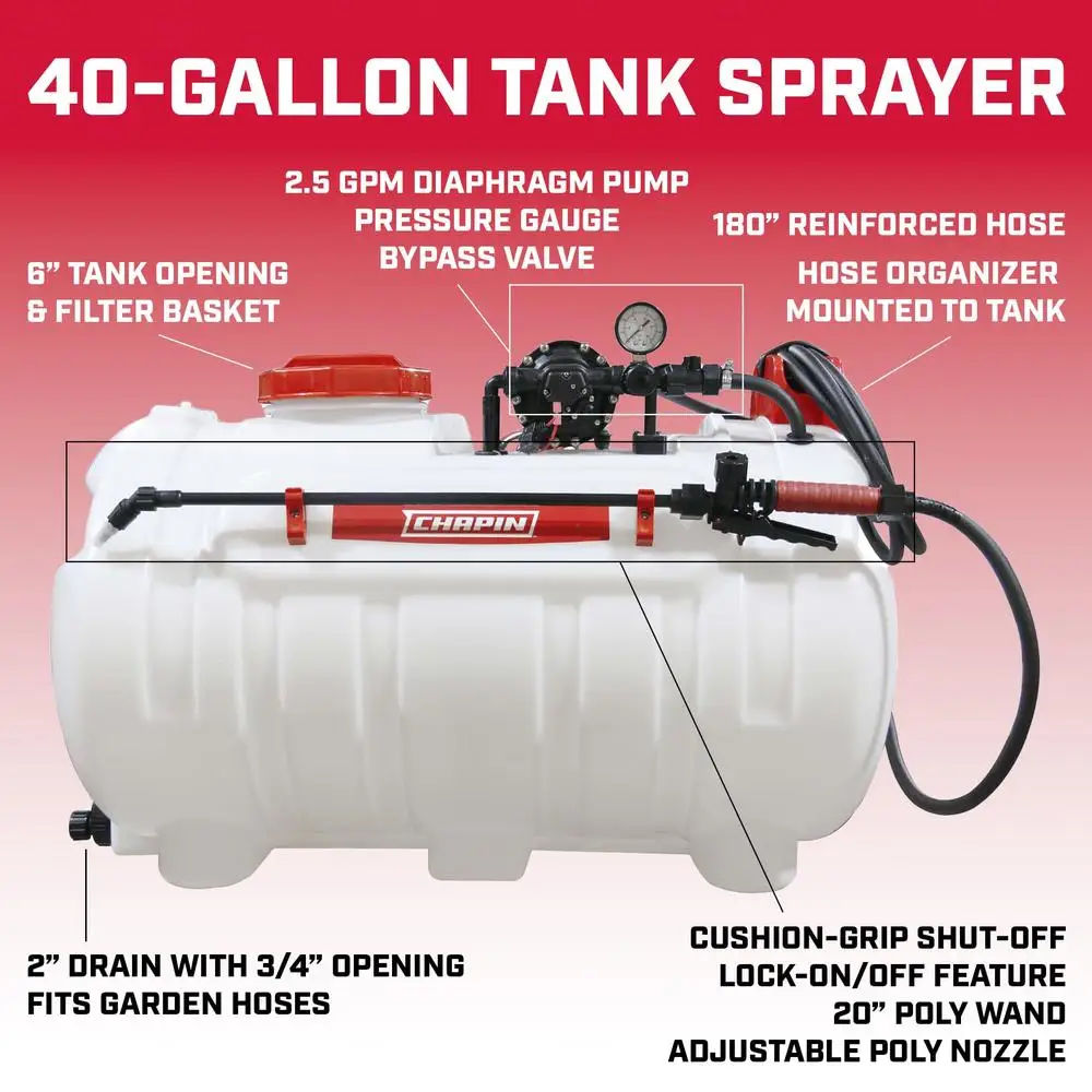 40-Gallon Agriculture Farming Tank Sprayer 2-Nozzle Boom 2.5 GPM Pump Chemical-Resistant Translucent Poly Tank Easy Mount