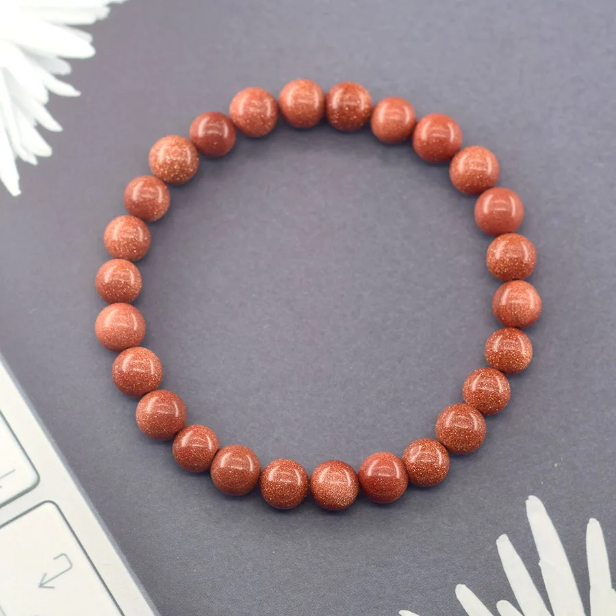 Natural Gold Sand Stone Round Beads Bracelet & Bangle for Women Fashion Starry Sky Wrist Jewelry Improve Language Organization