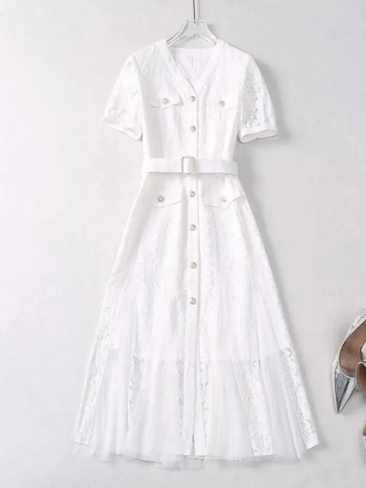 Verão com decote em v manga curta diamantes único breasted cinto midi vestido moda designer malha emendado renda sólida uma linha vestidos