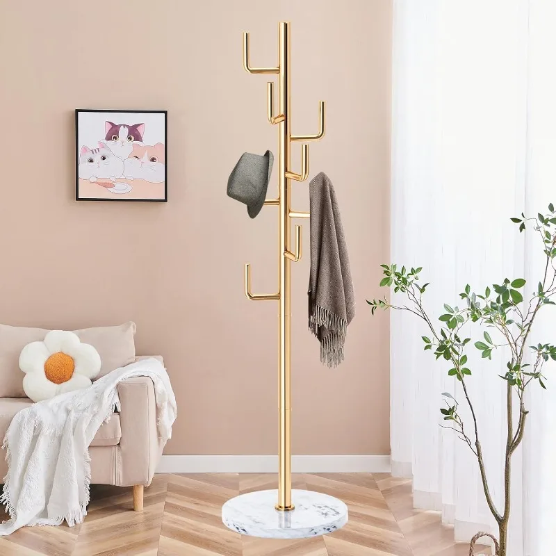 Metal Modern Coat Racks, Cactus Coat Rack Freestanding with Natural Marble Base, Golden Coat Rack Stand with 8 Hooks for Bags