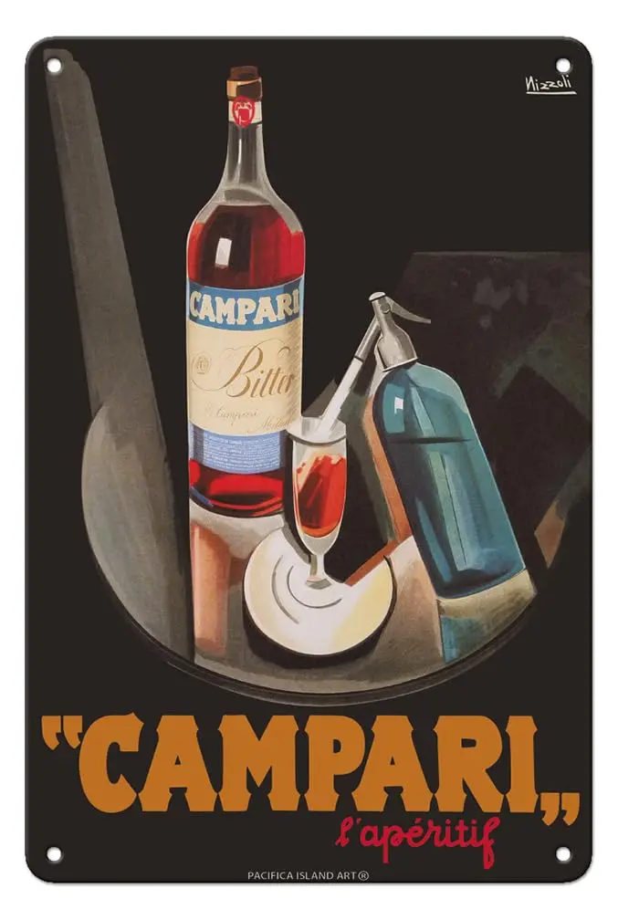 Pacifica Island Art Cordial Campari - French Liquor - Vintage Advertising Poster by Marcello Nizolli c.1926- Vintage Metal Tin S