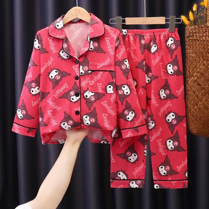 

2pcs Sanrio Kuromi Pattern Kids Pajamas, Long Sleeve Top & Pants Set, Anime Girls Sleepwear Autumn Children Homewear Clothes