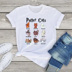 T-shirt gráfica para mulheres e homens Potter Cats, camiseta unissex de manga curta, roupas de verão 100 algodão, tops de gatos, 3XL, fofo