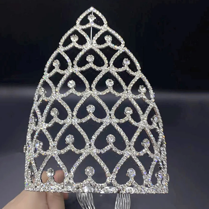 Beauty Custom Crown Rhinestone Pageant Tall Crowns Crystal Adjust Contour Band Miss Big Tiara