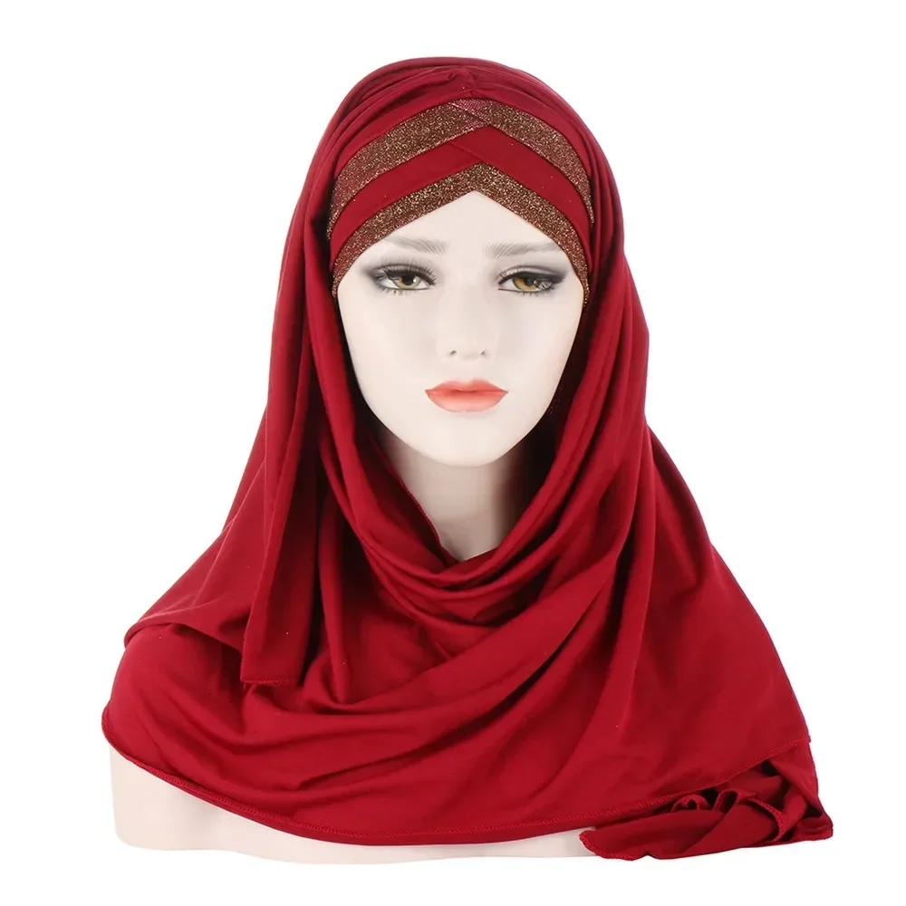 Glitter One Piece Amira Muslim Women Long Scarf Pull On Ready Wear Instant Cap Headwear Wrap Hijab Turban Arab Femme Chemo Shawl