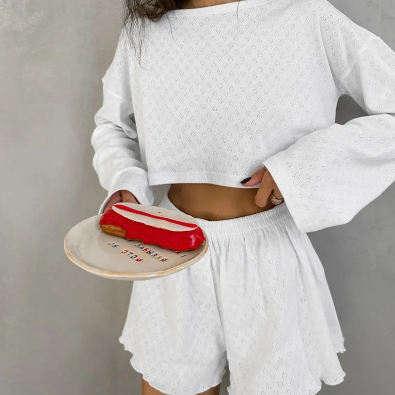 Nuovo set di due pezzi in misto maglia pantaloncini a maniche lunghe delicato sulla pelle morbido elastico abbigliamento per la casa da donna indumenti da notte da donna