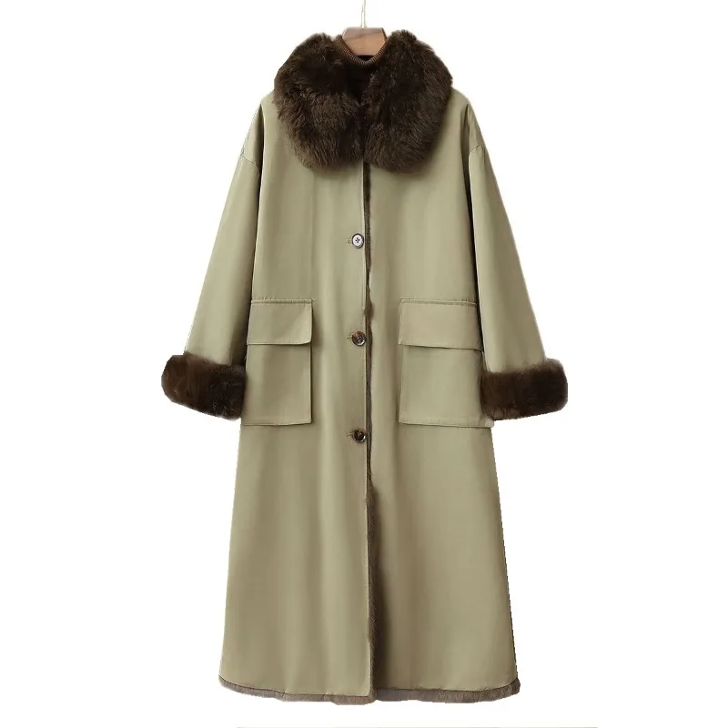 2025 Double-sided Wear Rabbit Fur Coat Women's Winter X-long Parkas Thicken Warm Wool-neck Overcoat Female Streetwear Outerwear