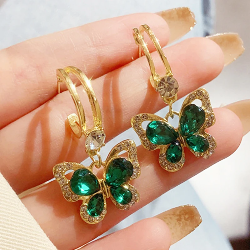 Trendy New Green Crystal Hanging Earrings Rhinestone Butteryfly Pendants Women's Drop Earrings Korean Fashion Wedding Jewelry